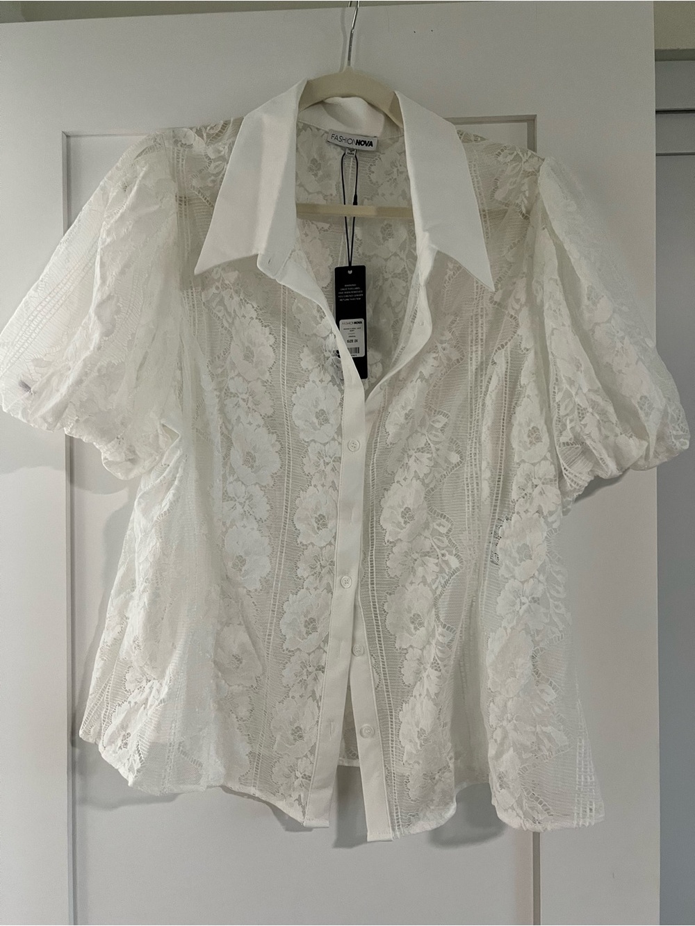 Fashion Nova White Lace Button-Down Blouse with Puff Sleeves
